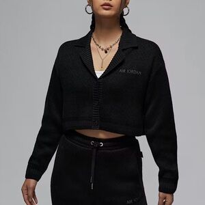 NWT Air Jordan Black Cropped Knit Cardigan Collared Sz Small